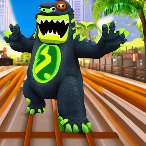 Image similar to Godzilla in the style of Subway Surfers