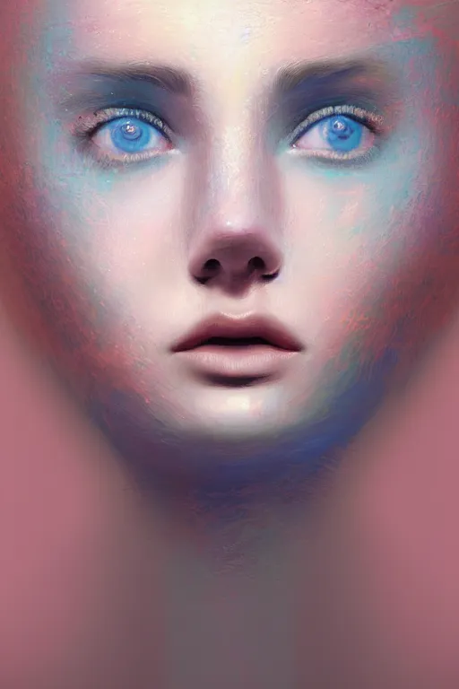 Prompt: abstract portrait of a gorgeous girl, highly realistic smooth porcelain skin, pastel cloud in the head, intricate details, saturated matte colors, eye - candy, gorgeous, impressionism, artstation, volumetric lighting, studio lighting