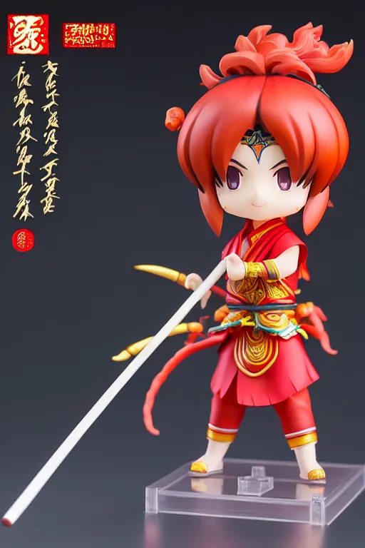 Image similar to arty chinese mythology ne zha nendoroid full body hyperdetalied, hero action pose, osamu tezuka, macoto takahashi, chibi, q posket, 8 k realistic, 3 d, cryengine, exquisite, red cloth around his shoulders, hold spear, ne zha ( 2 0 1 9 ), fenghua zhong,