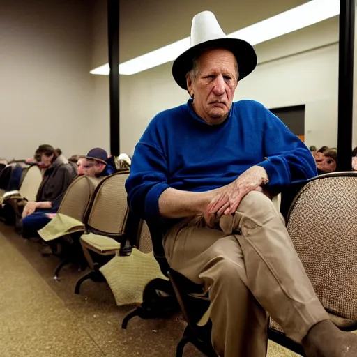 Image similar to wide angle portrait of werner herzog sitting alone in the waiting area of the dmv wearing a birthday hat. ultra wide angle, edward hopper, award winning, hyperrealistic, grand budapest hotel, studio lighting, very detailed face, chiaroscuro, film noir