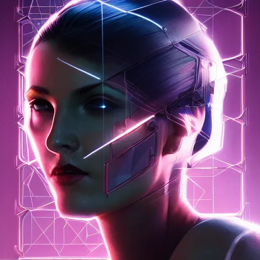 Prompt: portrait of a cyberpunk art deco girl with a vectot grid of light falling on her face, sci-fi, intricate lighting, elegant noir, highly detailed, digital painting, studio portrait, artstation, sharp focus, photo by artgerm and greg rutkowski and Charlie Bowater