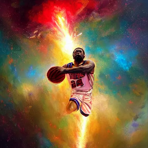 Image similar to Expressive painting of a basketball player dunking, depicted as an explosion of a nebula, evokes delight, digital art by Krenz Cushart, trending on artstation