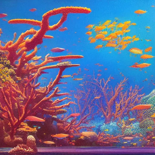 Prompt: a beautiful painting of an enchanting coral reef filled with exotic fish and magical energy by moebius and bruce pennington, studio ghibli art, gradient shading