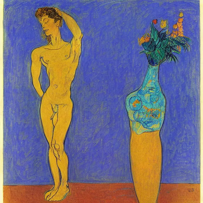 Image similar to tantric deity with vase. indigo blue, turquoise, cinnabar. henri de toulouse - lautrec, ferdand hodler, egon schiele, gauguin