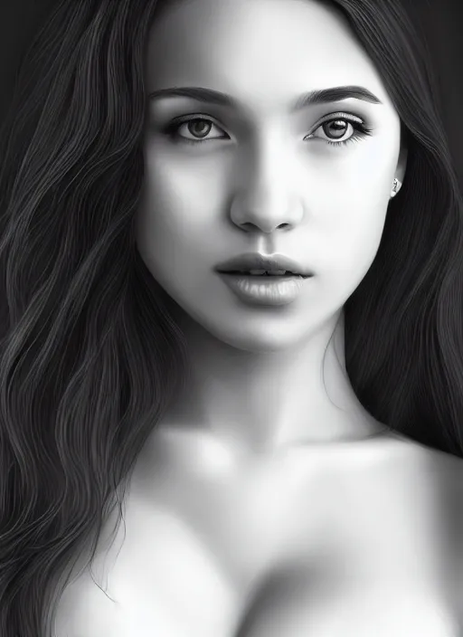 Image similar to full body portrait of a beautiful young woman in black and white, photorealistic, hair down to waist, sharp focus, in the style of Kevin Kostic, Stephen Lau and artgerm, hyper sharp focus, 8k highly detailed