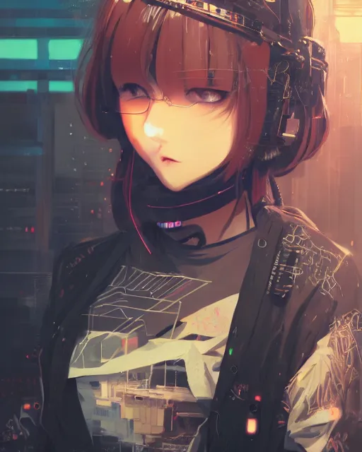 Image similar to kyoto animation, cool girl wearing cyberpunk intricate streetwear, beautiful, detailed portrait, cell shaded, 4 k, concept art, by wlop, ilya kuvshinov, artgerm, krenz cushart, greg rutkowski, pixiv. cinematic dramatic atmosphere, sharp focus, volumetric lighting, cinematic lighting, studio quality