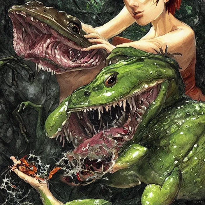 Prompt: portrait of Carnivore godlike fairy eating a frog alive, Junji Ito and Greg rutkowski