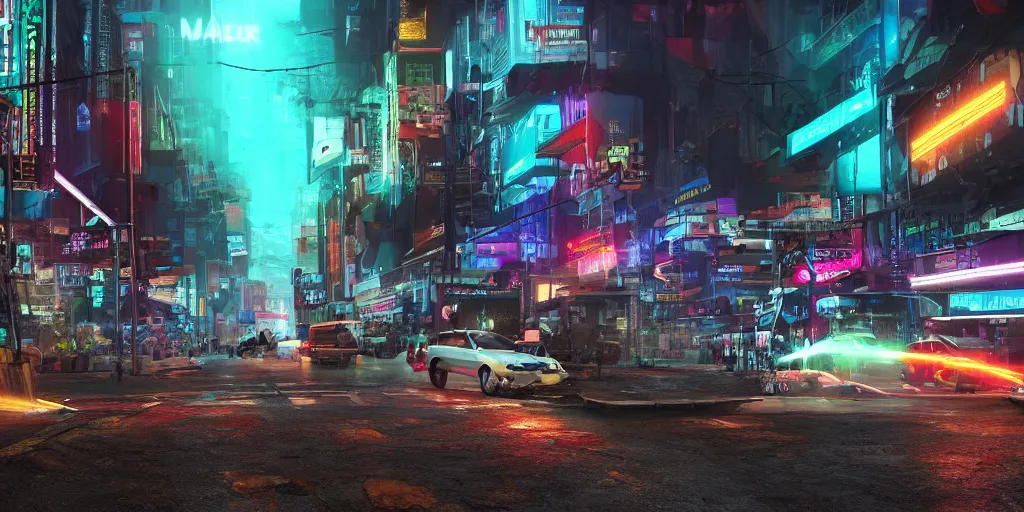 Prompt: a 3 d rendered in unreal engine guatemalan cyberpunk city with neon ads and signs with evocative dramatic mood with blade runner vibe with cars with motion blur with depth of field with bloom with lightshaft with volumetric lights, fog, by scott robertson, oscar winning graphics, photo realistic, bloom, imax, dynamic lighting, artstation,