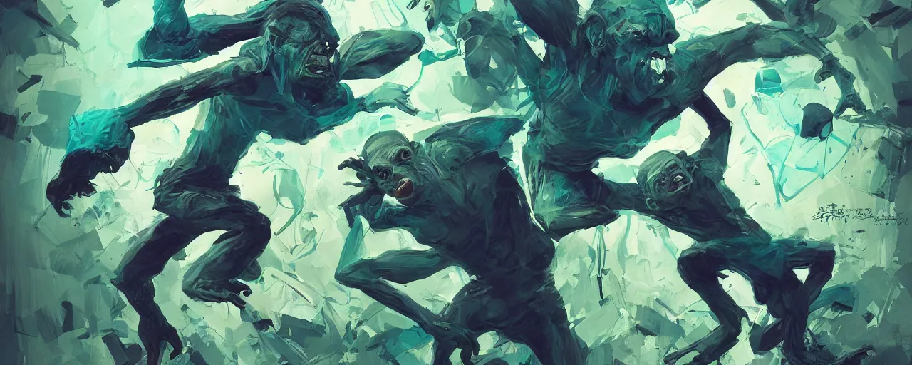 Prompt: duotone green blue illustration 3 / 4 portrait of gollum dancing like crazy. dynamic chaotic composition accidental renaissance golden ratio. by sachin teng and sergey kolesov and ruan jia and heng z. graffiti art, scifi, fantasy, hyper detailed. octane render. concept art. trending on artstation