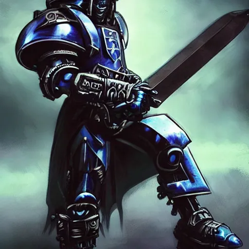 Image similar to a cyberpunk paladin from warhammer 4 0 k in very heavy silver armor wearing a crusaders helmet he is holding a large long sword in a cyberpunk setting, comic book art, cyberpunk, art by stan lee, pen drawing, inked, colorful, bright high tech lights, dark, moody, dramatic, deep shadows, marvel comics, dc comics