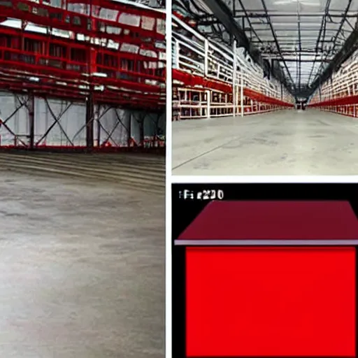 Prompt: two frames of equal size, the first is a picture of a warehouse full of boxes, the second is an identical picture to the first except the boxes are red