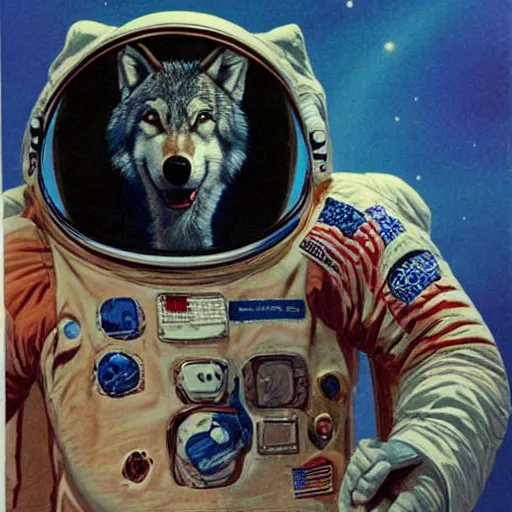 Image similar to A portrait of a wolf in an astronaut suit, by Bruce Pennington and Vincent DiFate, wolf astronaut