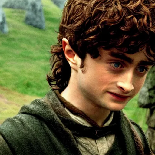 Prompt: Film still of a young Daniel Radcliffe as Frodo in Lord of the Rings: The Return of the King, 4k, wide shot, cinematic