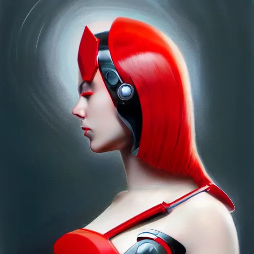 Image similar to Futuristic portrait painting of a cyborg girl with black and red robotic parts, medium shot, asymmetrical, profile picture, Organic Painting, sunny day, Matte Painting, bold shapes, hard edges, street art, trending on artstation, by Huang Guangjian and Gil Elvgren and Sachin Teng