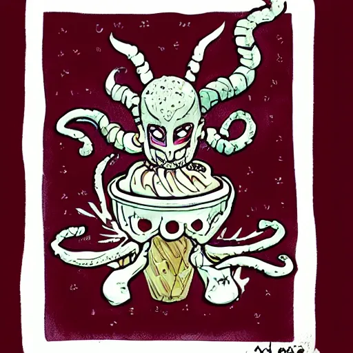 Prompt: a grand and terrifying demon made of gelato, with symbolic elements