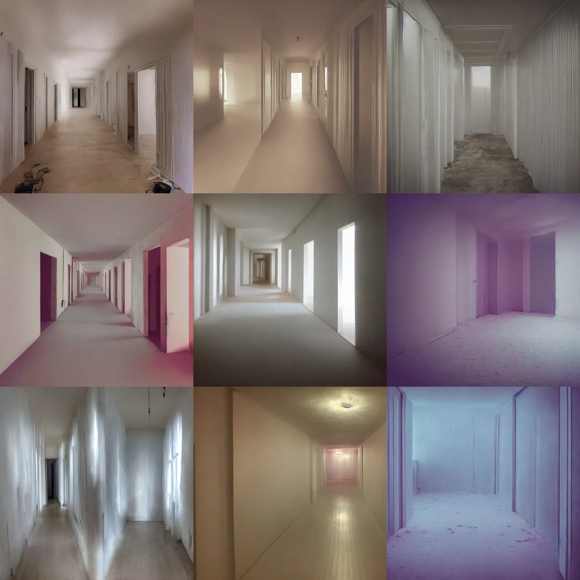 Prompt: a bad quality photograph of a dreamcore looking empty house's interior, backrooms liminal space, infinite corridor, unusual color palette, soft ilumination