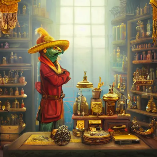 Image similar to A Anthropomorphized parrot trader in his shop, selling his wares, portrait, items, gold, carpet, window, sly expression, cunning expression, presenting wares, holding a gold bag, D&D, fantasy, intricate, cinematic lighting, highly detailed, digital painting, artstation, concept art, smooth, sharp focus, illustration, warm light, magic the gathering artwork, art by Akihiko Yoshida, Greg Rutkowski