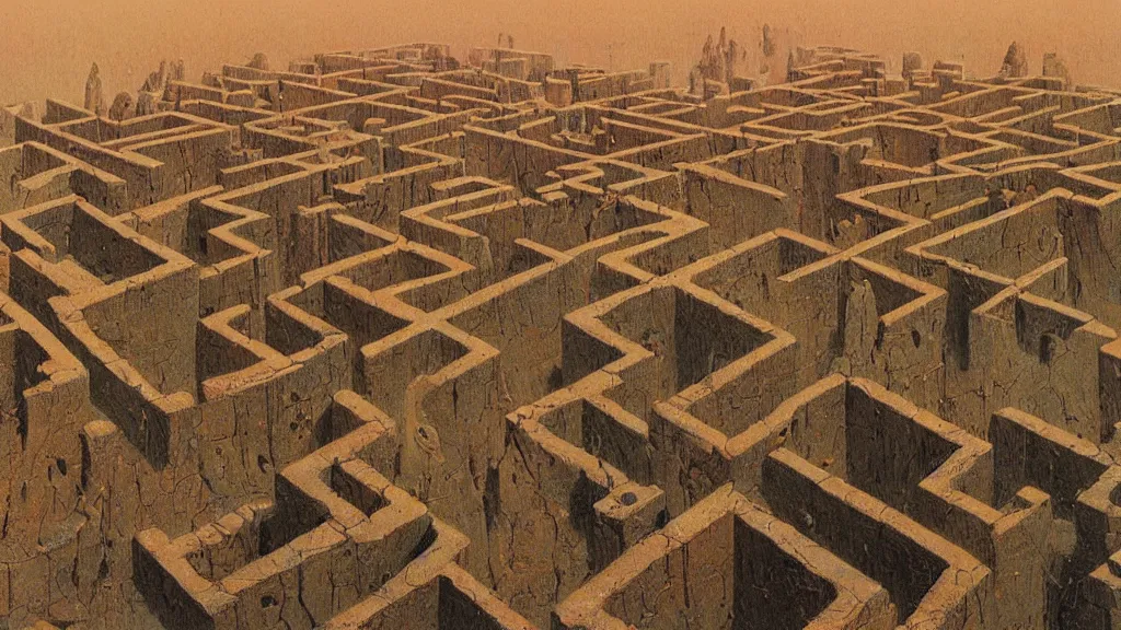 Prompt: ancient ruins of a giant maze in the desert by beksinski and peter gric and bruce pennington