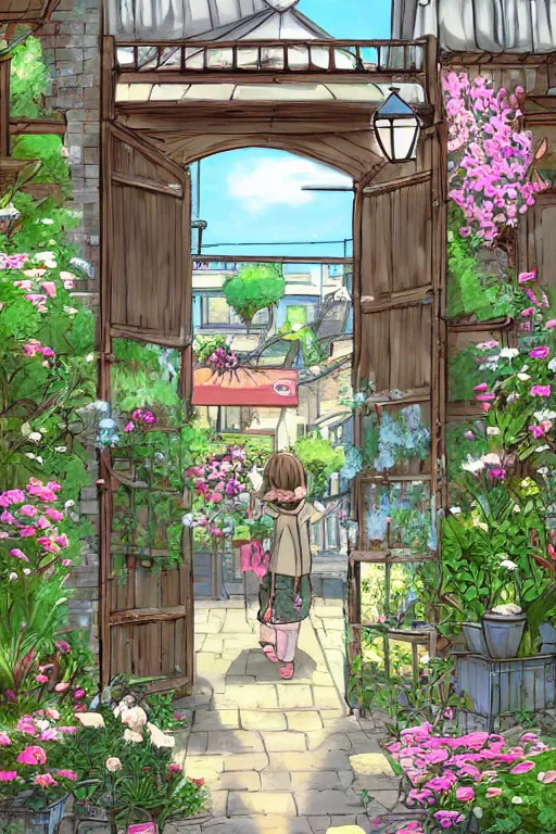 Image similar to a little flower shop's front gate, nostalgic, refreshing, digital illustration, pixiv