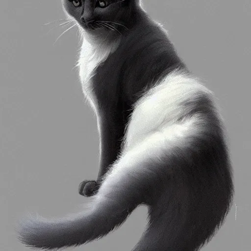 Prompt: a big indifferent looking dark grey cat with white belly, white paws and white face markings with long fur and fluffy tail sitting, intricate, elegant, highly detailed, digital painting, artstation, concept art, matte, sharp focus, illustration, art by Artgerm and Greg Rutkowski and Alphonse Mucha