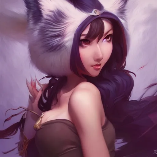 Image similar to Ahri League of Legends with fox fur ears, highly detailed, digital painting, artstation, concept art, smooth, sharp focus, illustration, ArtStation, art by artgerm and greg rutkowski and alphonse mucha and Edmund Blair Leighton and Charlie Bowater