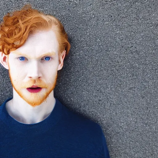 Image similar to handsome, very pale, ginger man with wavy hair, blue eyes, small nose, thin lips, white teeth, small ears, upper body photograph
