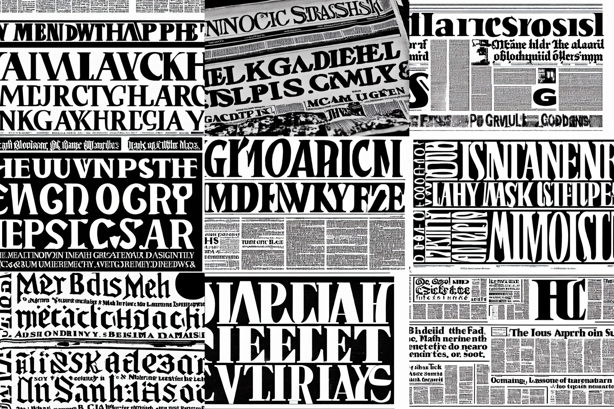 Prompt: the masthead of a major newspaper in gothic lettering, black and white, typography