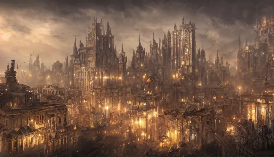 Image similar to matte painting of a beautiful steampunk city, digital art, trending on artstation