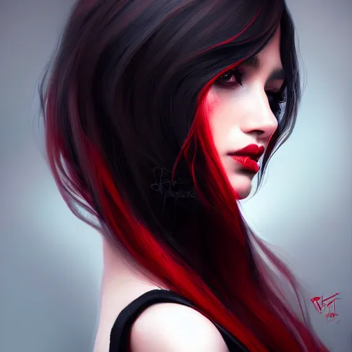 Image similar to a realistic illustration portrait of a beautiful cute girl with wavy black and red hair, a pointy nose and, round chin black eyeliner, trending on artstation, dynamic, hyper - realistic lighting, intricate, ross tran, realistic hair