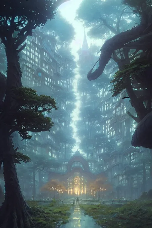 Image similar to a city built on a giant tree, unreal engine, fantasy art by greg rutkowski, loish, rhads, ferdinand knab, makoto shinkai and lois van baarle, ilya kuvshinov, rossdraws, tom bagshaw, global illumination, radiant light, detailed and intricate environment