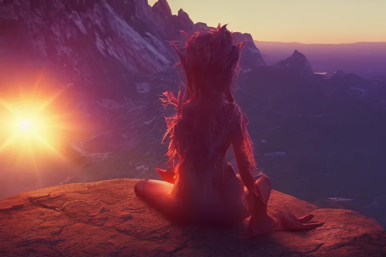 Image similar to a strange creature holding a source of light in her hands she is on top of a mountain, contemplating her existence in a beautiful sunset near dusk, unreal engine, hyper realism, realistic shading, cinematic composition, blender render, octane render