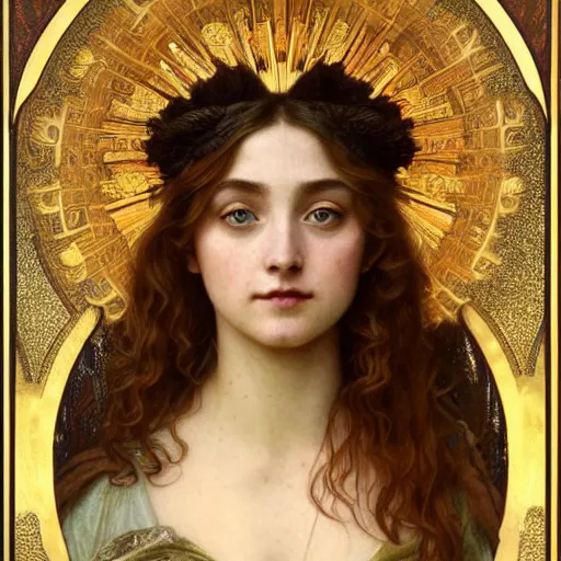 Image similar to portrait of the goddess of the sun who looks like Ana de Armas and Saoirse Ronan, D&D, fantasy, intricate, elegant, highly detailed, digital painting, artstation, smooth, sharp focus, art nouveau illustration, by Alphonse Mucha and William Adolphe Bouguereau