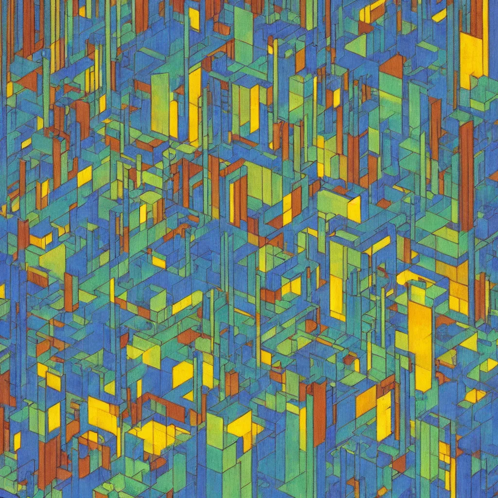 Prompt: isometric artdeco blue and green cathedral at night by frank lloyd wright, isometric, painted by piet mondrian