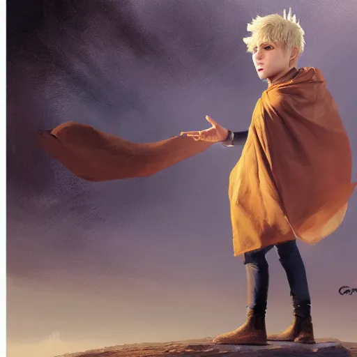 Image similar to blonde boy wearing a brown cape and flying in t pose, space background, realistic, oil painting, brush strokes, greg rutkowski