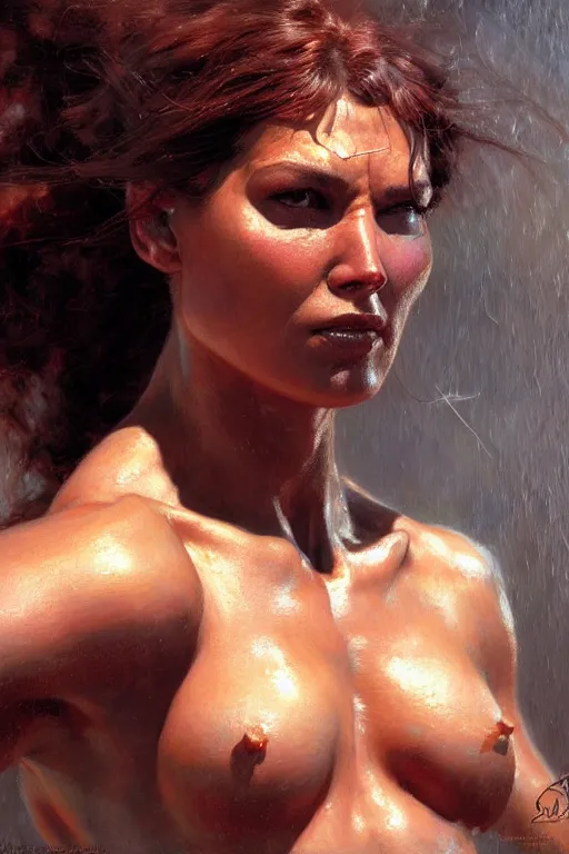 Image similar to muscular sweat spiderwoman,, exhausted face close up, highly detailed painting by gaston bussiere, craig mullins, j. c. leyendecker 8 k