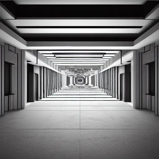 Image similar to symmetry, parallel perspective with center end point, parallax mapping of brutalist shop, by maurits cornelis escher, octane render, high quality