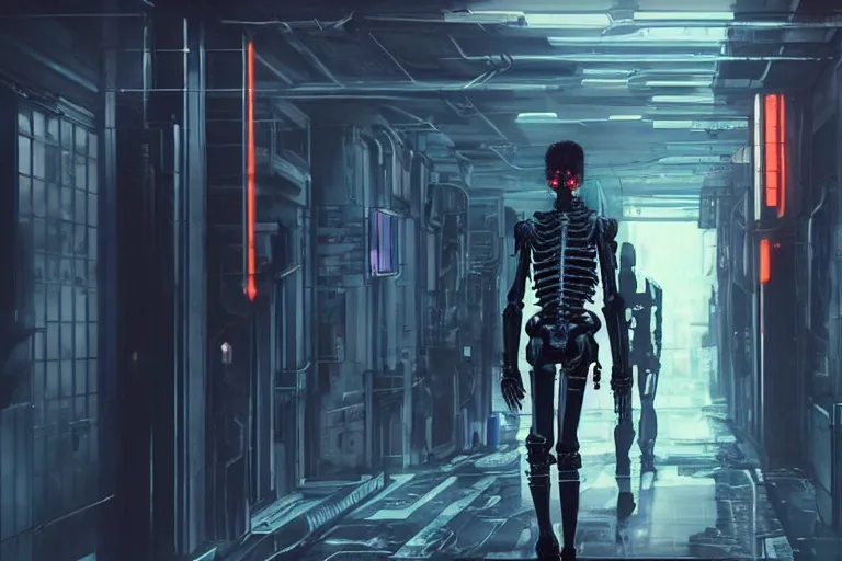 Prompt: cyberpunk skeletal black mecha android walking down hallway, Skeletal face single eye. long limbs black shiny. glowing_red_eye RTX UE5 Artstation Bladerunner_2049_scene!!!!!! Cyberpunk 2077 bladerunner2049!!! bladerunner!!! Dark figure walking down white hallway slightly offset fancy hallway. reflective floor!!!!! Tom Bagshaw and Greg Rutkowski and Alphonse Mucha