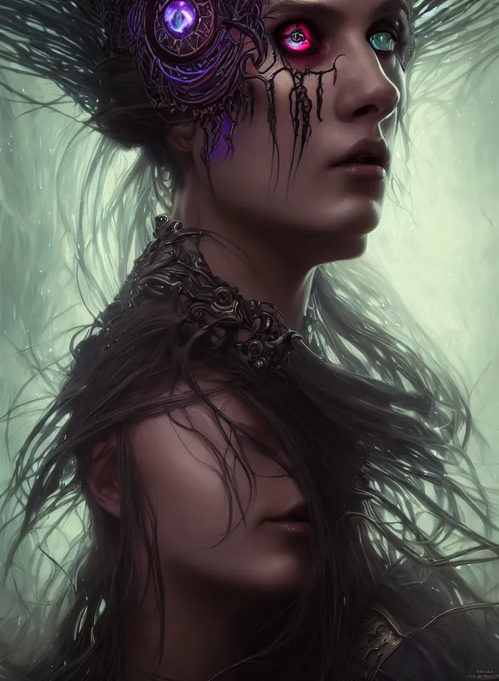 Image similar to Necromancer Sorceress face close-up macro in center, flying hair, fantasy magic, undercut hairstyle, dark light night, intricate, elegant, sharp focus, illustration, highly detailed, digital painting, concept art, matte, art by WLOP and Artgerm and Greg Rutkowski and Alphonse Mucha, masterpiece