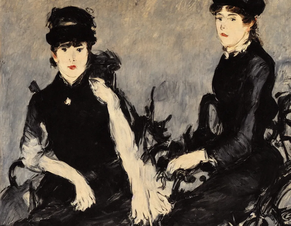 Image similar to edouard manet. a wide portrait of a woman all dressed in black, she is in profile turned her head towards the camera. seated on a dark motorcycle on a highway. there is another motorcycle blurred in the background. unprecise brush strokes. expressive. emotional.