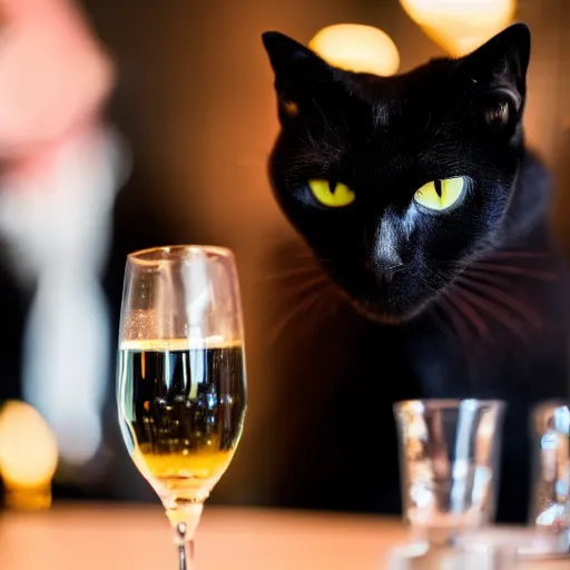 Image similar to a photo of a black cat drinking expensive champagne in a fancy dark bar, mood lighting, underexposed, f 1. 8, iso 1 6 0 0