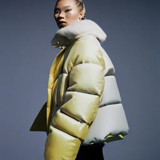 Image similar to realistic photoshooting for a new balenciaga lookbook, color film photography, portrait of a blonde asian woman, model wearing a puffer jacket, photo in style of tyler mitchell, 3 5 mm,