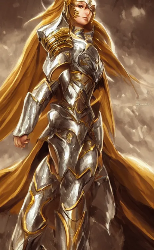 Image similar to Concept art, angel knight girl in golden and silver armor adorned with sapphire gems, artstation trending, cinematic, highly detailded