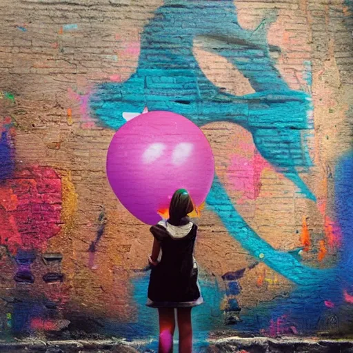 Prompt: A mixed media painting of graffiti wall of girl waiting with balloon, by Frank Frazetta, Greg Rutkowski, Beeple, kawaii, post-processing, low angle, masterpiece, cinematic, isometric, volumetric lighting
