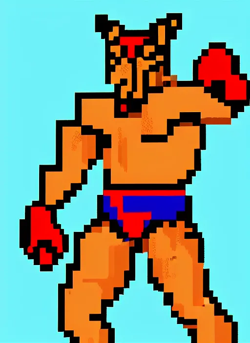 Prompt: full body shot. antropomorphic muscular masculine wolf. kickboxer, in red shorts. wolf head. furr on body. 8 bit nes graphics, pixelate