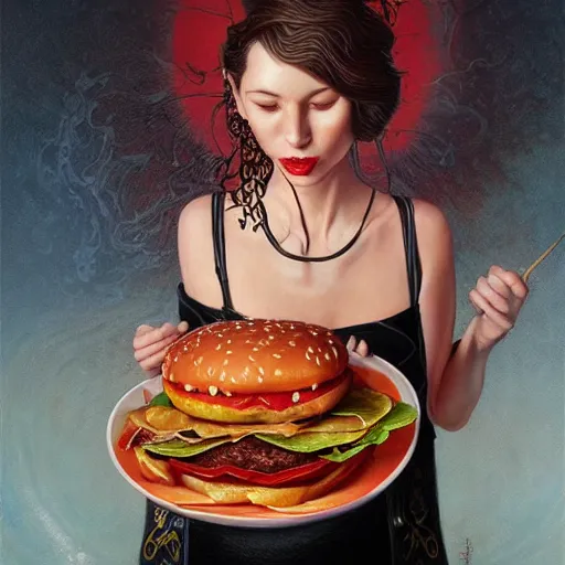 Prompt: detailed full body concept art illustration oil painting of Brent Spiner consuming hamburgers, extra ketchup, bacon lettuce and tomatos, oriental art nouveau, frock, mid body, radiant halo of light, black gold smoke ink, woman covered in sliced tomatos and onions, peter mohrbacher, artgerm