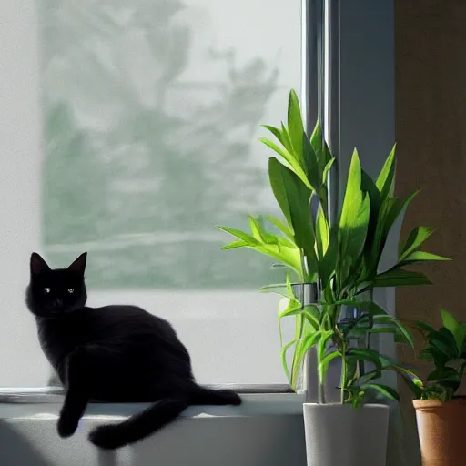 Prompt: peaceful dreamy painting of a content black cat sitting by a window, sunshine coming through the window, small plants on the window sill, 4k resolution, highly detailed, trending on artstation, octane render, unreal engine