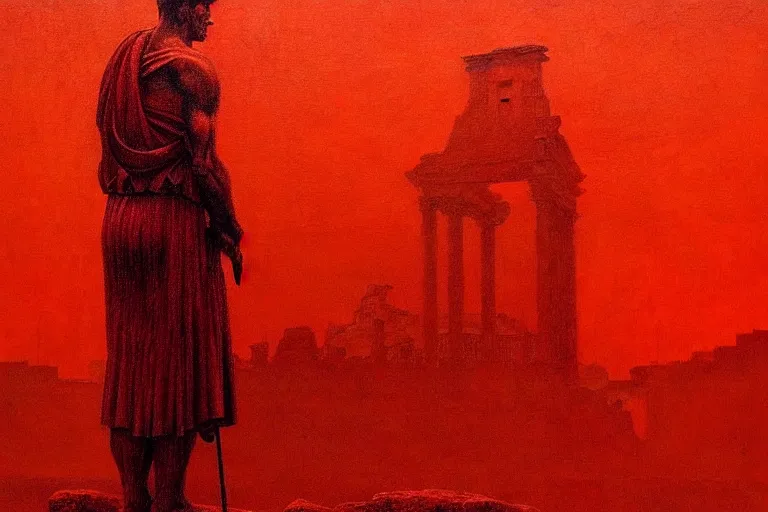 Image similar to only with red, caesar after war, a red tiger, in hoc signo vinces, rome in background, an ancient path, in the style of beksinski, part by hopper, part by rodcenko, part by hofbauer, intricate composition, red by caravaggio, insanely quality, highly detailed, masterpiece, red light, artstation