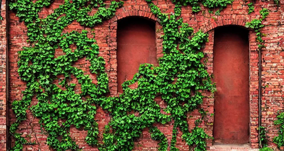 Prompt: a beautiful painting of an ancient brick wall covered in vines overgrowing a door, landscape, 8 k, photorealism