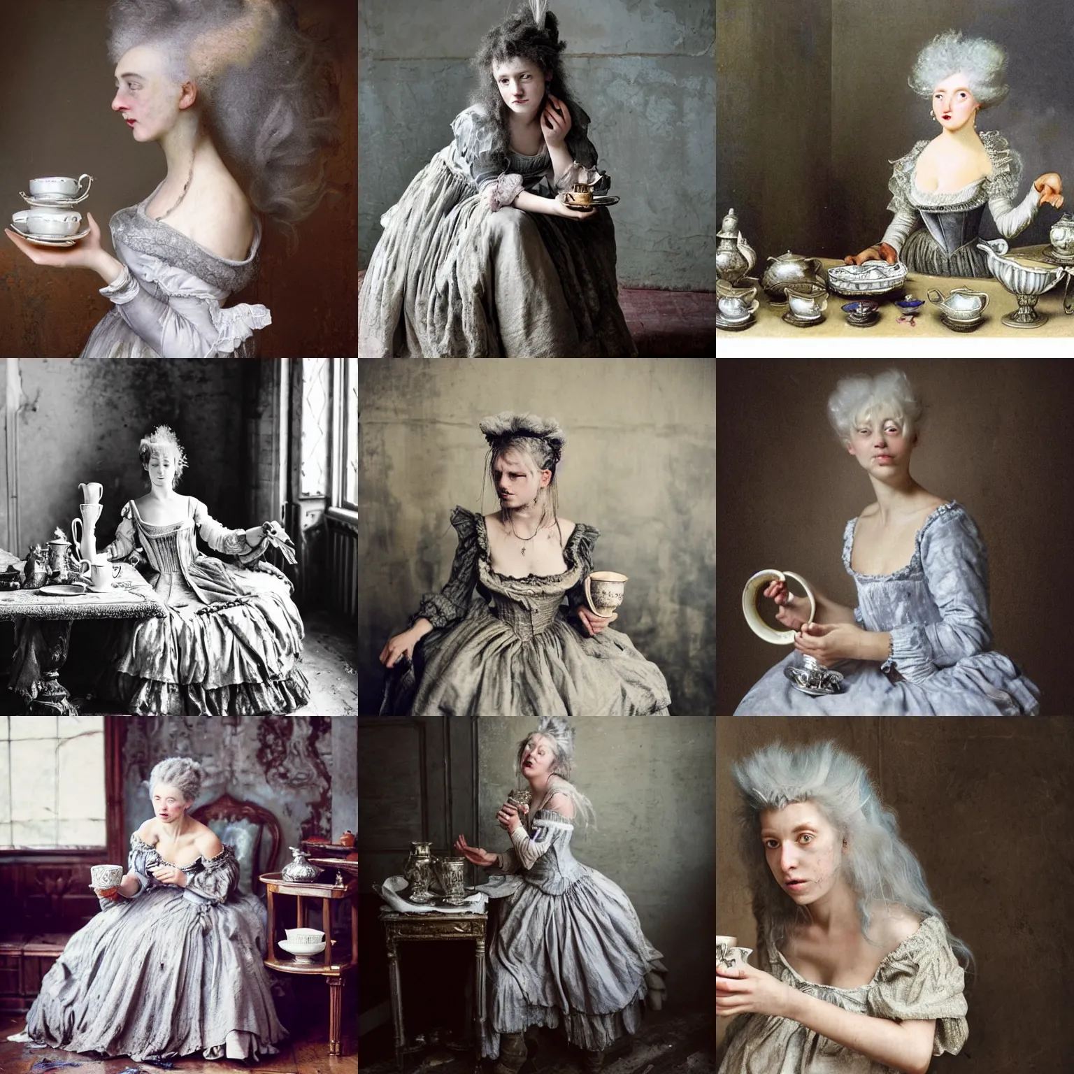 Prompt: A messy, silver haired, (((mad))) princess from the 18th century, dressed in a ((ragged)), dirty, 18th century silver wedding dress, is ((drinking a cup of tea)), in her right side is a porcelain tea set. Everything is in underwater (precious, scarry castle). mystical, atmospheric, greenish blue tones, water, seaweed and bubles, dreamlike, atmospheric, (((underwater lights))), underwater photography, inspired by John Everett Millais, John Everett Millais,Annie Stegg Gerard, Ian David Soar, John Anster Fitzgerald