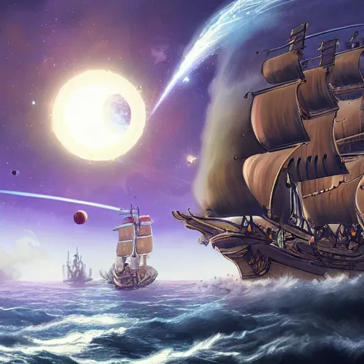 Image similar to pirate ship sailing through space with distant planets visible in the background, trending on artstation, ultra fine detailed, hyper detailed, hd, concept art, digital painting